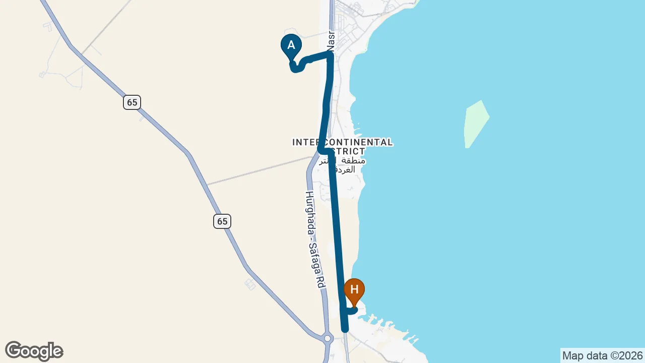 Driving route from Hurghada Airport to Aladdin Beach Resort